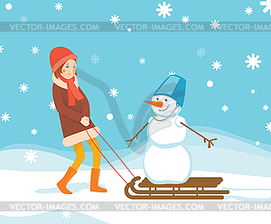 Girl and snowman on sled - vector clipart