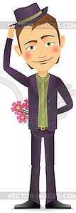 Young man in hat with bouquet of flowers - vector clip art