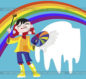 Girl - artist draws rainbow - vector clipart