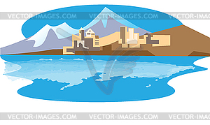 Eastern city on banks of sea - vector image