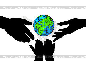 Icon silhouettes of hands and planet - vector clip art