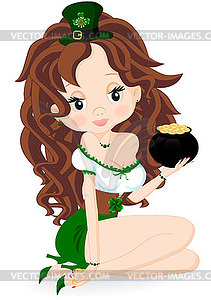 Girl with pot of coins - vector clipart