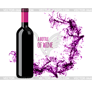 Red wine splash with bottle - vector clip art