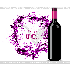 Red wine splash with bottle - vector image