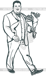 Sketch of fat man with bouquet of flowers - vector image