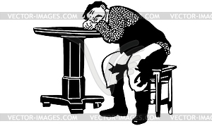 Man with mustache had fallen asleep at table - vector clipart