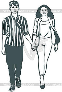 Sketch of man and woman walking hand in handm - vector clipart / vector image