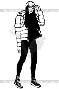 Girl in cap and down jacket - vector clip art