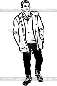 Sketch of young man in jacket and scarf - vector clipart