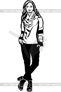 Sketch of beautiful girl in sweater and boots - vector image