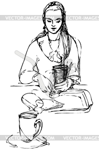 Sketch beautiful girl drinking at table in cafe - vector clipart