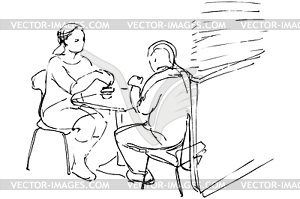 Sketch of man and woman at table in cafe - vector clipart