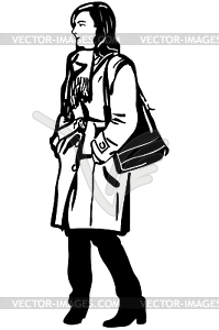 Sketch of girl in coat with bag on his shoulder - vector EPS clipart