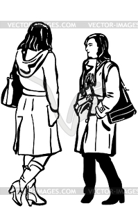 Эскиз двух подруг в пальто стоял говорить - векторная иллюстрация