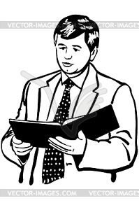 Sketch of man in jacket and tie reading reports - vector EPS clipart