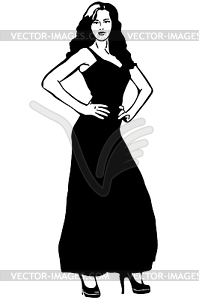 Sketch of girl in long black evening dress - vector clipart / vector image