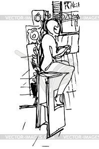 Sketch of single woman drinking coffee at bar on - vector clipart