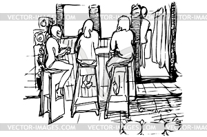 Sketch of three women on high stools drinking coffee - white & black vector clipart