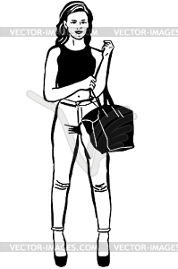 Sketch of beautiful young brunette woman with bag in - vector clip art