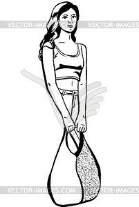 Beautiful young brunette woman with bag in his hand - vector clip art
