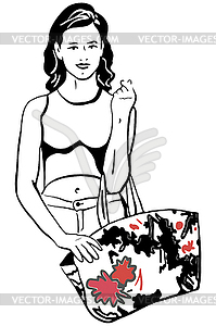 Beautiful young brunette woman with bag in his hand - vector clipart