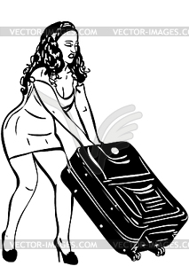 Черно-белая девушка с большой чемодан - векторный графический клипарт