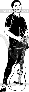 Sketch young girl in black with guitar - vector clipart