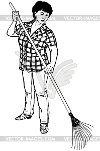 Sketch of woman of farmer with rakes in hands - vector clip art