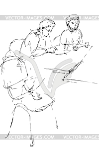 Sketch two women at table in an office work - vector clipart