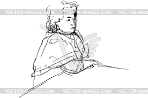 Sketch of complete woman being at table - vector clip art