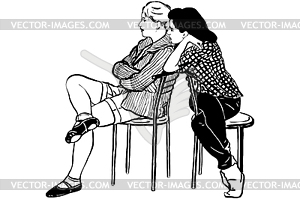 Sketch two young girls sit on chairs - vector clip art