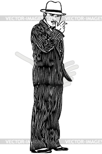 Man with moustaches in striped suit smokes - vector clipart