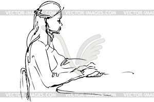 Sketch beautiful girl is at table - vector clipart