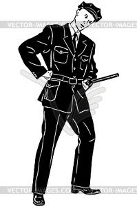 Sketch man policeman with club on service - vector clipart