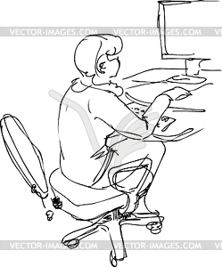 Sketch girl sits and works at computer - vector clip art