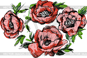 Sketch of beautiful wreath of flowers peonies - vector image