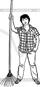 Sketch of woman of farmer with rakes in hands - vector clipart