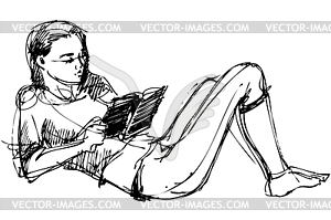 Sketch of beautiful girl reading book - vector EPS clipart