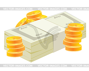 Pack of money and coins - vector clipart