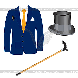 Suit and hat with walking stick - royalty-free vector clipart