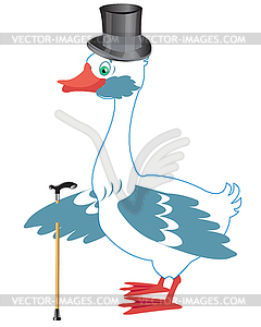 Bird goose in hat and with walking stick - vector clip art