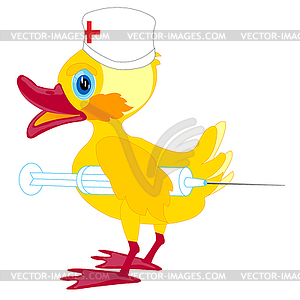 Duckling doctor with syringe - vector clip art
