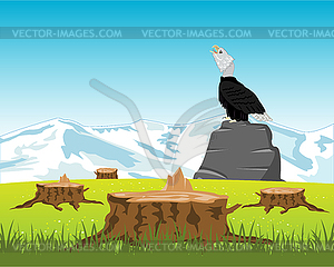 Sawed down wood and eagle on stone - vector clipart