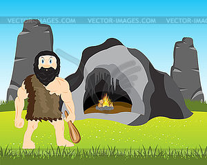 Ancient person beside caves - vector clip art