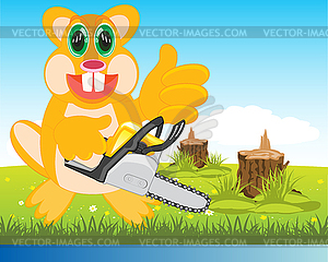 Beaver with chainsaw on glade - vector image