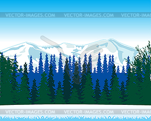 Winter landscape with wood and mountain - vector image