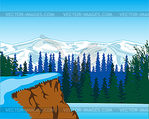 Winter landscape in wood - color vector clipart