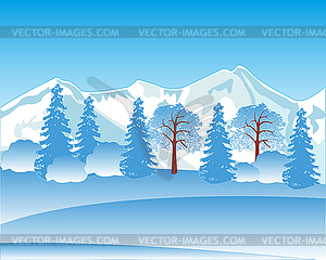 Winter landscape with mountain and wood - vector image