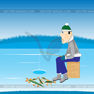 Winter fishing on river - vector clipart