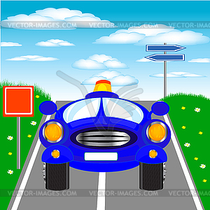 Blue car goes on road - vector clip art